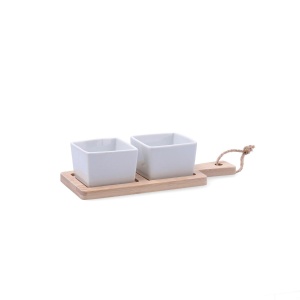 Set servire platou lemn cu 2 boluri portelan MOANA - 5428329