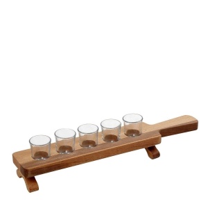 Set 5 pahare sticla SHOT 40 ml cu suport lemn fag 42 x 8 cm -KOP111
