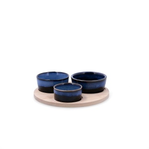 Set servire platou lemn cu 3 boluri portelan MOANA - 5426993