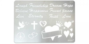 Sablon din otel inoxidabil Craftool Stencil Sentiments pentru pirogravura pe piele, 178 x 127 mm - Tandy Leather 3601-07