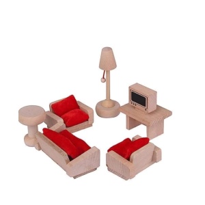 Mobilier din lemn pentru casă de păpuși – Set Living cu canapea, fotolii și accesorii - Img 3