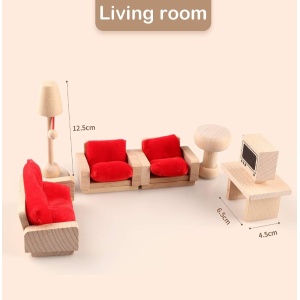 Mobilier din lemn pentru casă de păpuși – Set Living cu canapea, fotolii și accesorii - Img 2