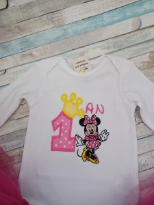 Set aniversar 1 an tutu si body Minnie Rosu/Roz