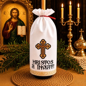 Stergar pentru lumanarea de Paste HRISTOS A INVIAT 45x45 cm NEGRU CU AURIU