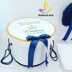 Cutie trusou botez personalizata Coronita- Micul Print Bleumarin