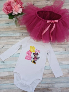 Set aniversar 1 an tutu si body Minnie Rosu/Roz