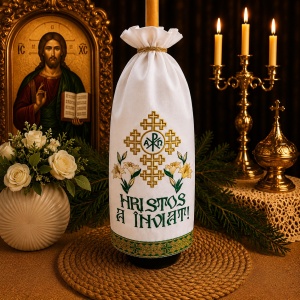 Stergar pentru lumanarea de Invierea Domnului HRISTOS A INVIAT 45x45 cm Crini verde