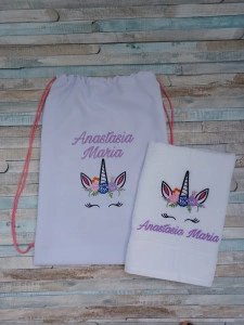 Set saculet si prosop Unicorn , pentru gradinita/cresa, 45×35 cm