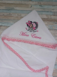 Prosop cu gluga personalizat Minnie Sleep Bordura Roz 60x125cm