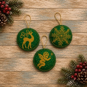 Set 3 ornamente pentru brad brodate verde/auriu