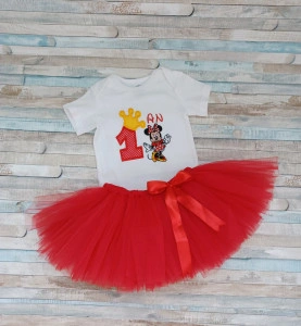 Set aniversare 1 an tutu si body Minnie Rosu/Roz