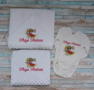 Set baita a doua zi -cadou Nou nascut-Ingeras luna roz , 3 piese