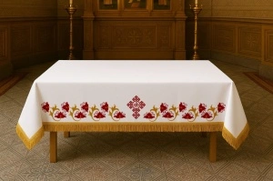 Acoperamant -Fata de masa brodata pentru biserica Crini grena– 180x150 cm, bumbac, cu franjuri