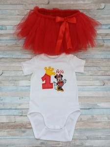 Set aniversare 1 an tutu si body Minnie Rosu/Roz