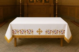 Acoperamant -Fata de masa brodata pentru biserica Flori – 180x150 cm, bumbac, cu franjuri
