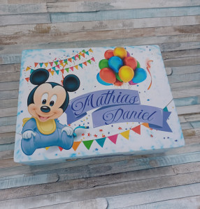 Cufar lemn personalizat cu Mickey Mouse - pentru trusou botez /Albastru