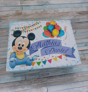 Cufar lemn personalizat cu Mickey Mouse - pentru trusou botez /Albastru