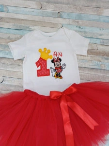 Set aniversar 1 an tutu si body Minnie Rosu/Roz
