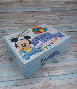 Cufar lemn personalizat cu Mickey Mouse - pentru trusou botez /Albastru