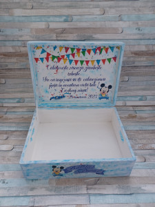 Cufar lemn personalizat cu Mickey Mouse - pentru trusou botez /Albastru