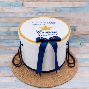 Cutie trusou botez personalizata Coronita- Micul Print Bleumarin