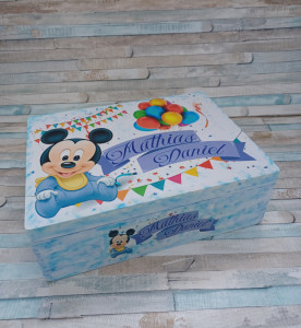 Cufar lemn personalizat cu Mickey Mouse - pentru trusou botez /Albastru