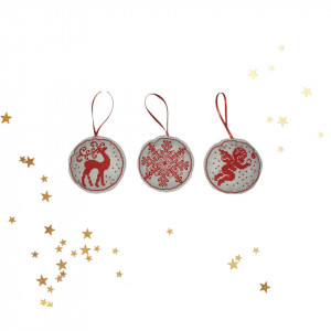 Set 3 ornamente pentru brad brodate alb/rosu