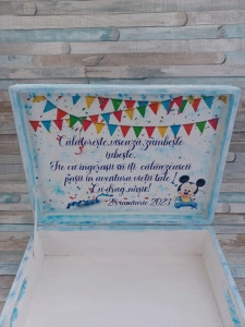 Cufar lemn personalizat cu Mickey Mouse - pentru trusou botez /Albastru