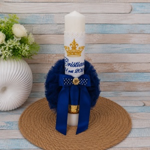Lumanare botez personalizata Coronita- Micul Print Bleumarin