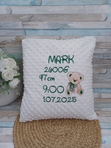 Pernita personalizata cu datele de nastere -Cadou nou nascut ,Ursulet verde
