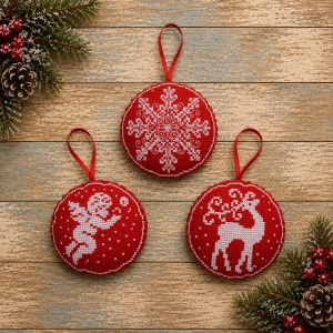 Set 3 ornamente pentru brad brodate rosu/alb