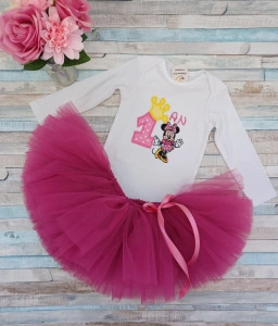 Set aniversar 1 an tutu si body Minnie Rosu/Roz