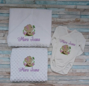 Set Prima baita -cadou Nou nascut-Ursulet lila , 3 piese