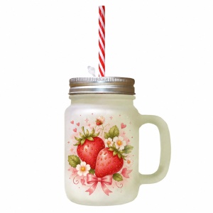 Cană din sticlă pentru limonadă și băuturi răcoritoare 400 ml, cu pai roșu – sublimare - Img 2