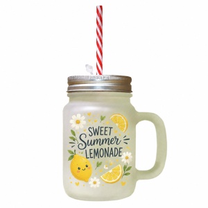 Cană din sticlă pentru limonadă și băuturi răcoritoare 400 ml, cu pai roșu – sublimare - Img 3