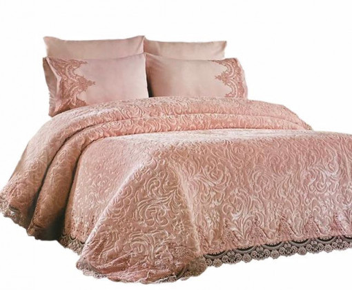 Set cuvertura de pat Complet cu 4 fete de perna din Catifea si Dantela Casa Mia Pudra CMIS10