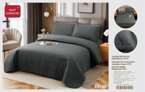 Cuvertura pat din Bumbac-In cu Husa cu elastic Cadou, 2 Persoane, 4Piese ESTH07