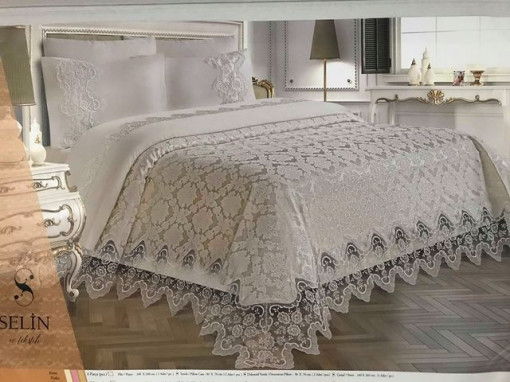 Set cuvertura de pat Complet cu 4 fete de perna din Bumbac si Dantela Selin SIS13