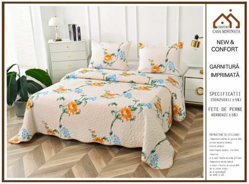 Set Cuvertura de Pat cu 2 Fete, 3 Piese, Bumbac Satinat Flori de Portocal