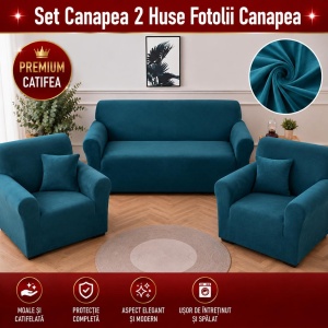Husa Canapea 3 Locuri + 2 Huse Fotolii Premium*Catifea Turcoaz HCS01