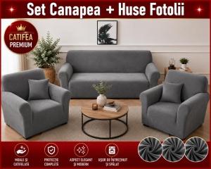 Husa Canapea 3 Locuri + 2 Huse Fotolii Premium*Catifea Gri Inchis HCS02