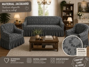 Husa Canapea 3 Locuri + 2 Huse Fotolii Premium* Jacquard (Set ) Cenusiu