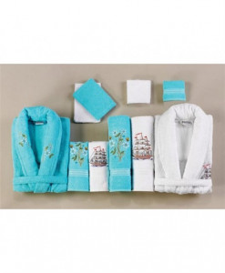 Set Prosoape si Halate din Bumbac 10 Piese, Belinda, Turquoise-Alb BLD 10-13