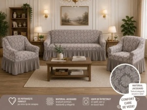 Husa Canapea 3 Locuri + 2 Huse Fotolii Premium* Jacquard (Set )Bej-Roze
