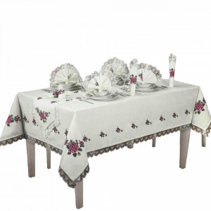 Fata de masa Alia cu servete, goblen si dantela 160 x 220 cm, alb+maro
