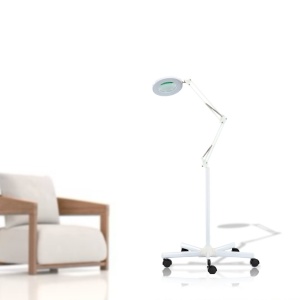 Lampa Cosmetica LED cu Lupa 5x, lumina si inaltime reglabila, picior cu roti, Green Studio Pro, Alb