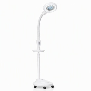 Lampa Cosmetica LED cu Lupa 5x, lumina si inaltime reglabila, picior cu roti, Green Studio Pro, Alb