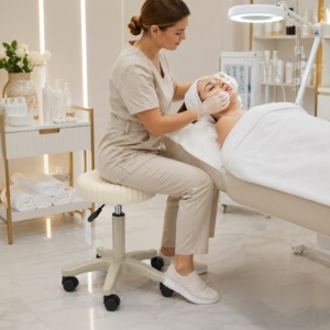 Scaun Cosmetica, Ergonomic, Reglabil, cu 5 roti, Green Studio Pro, Alb - Img 3