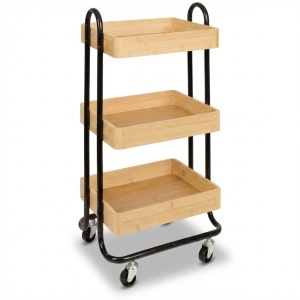 Ucenic metalic + bambus pentru Salon Cosmetica, 3 polite, 4 roti, negru, 84 x 45 x 34 cm, Green Studio Pro