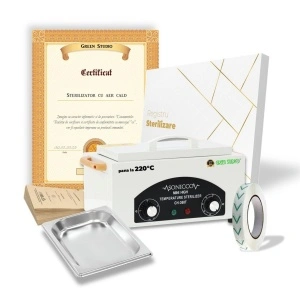 Kit Sterilizare 220°C Calibrat, Certificat CE si Verificare Tehnica, Pupinel Aer Cald cu Temporizator, Green Studio Pro CH-360T